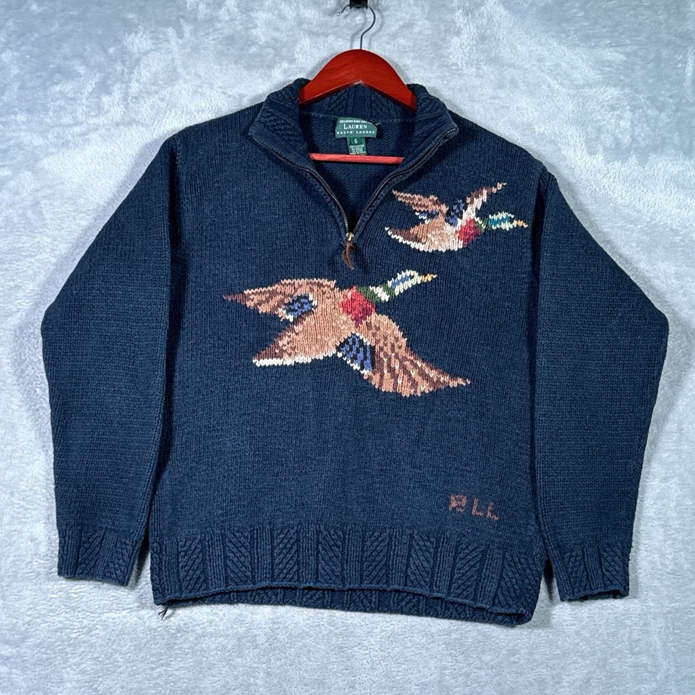 Lauren Ralph Lauren Sweater Womens S 1/4 Zip Mock Neck Ducks Pullover Vintage